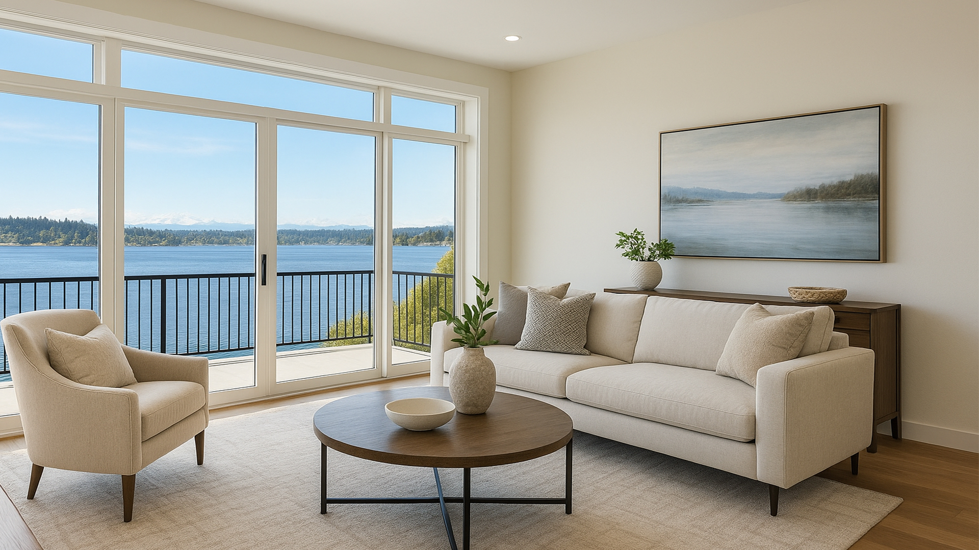 A modern, well-furnished home that shows kirkland’s lifestyle, background Washington lake.