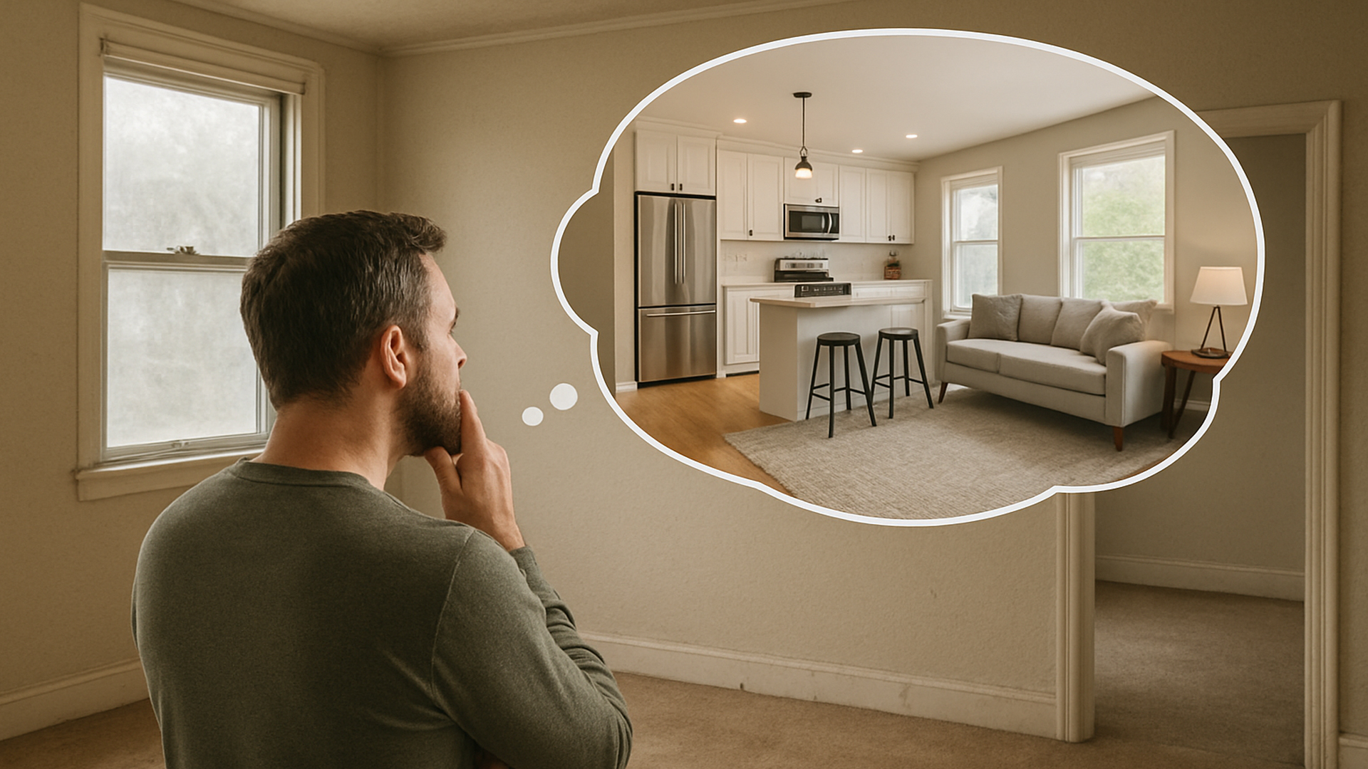 A-homeowner-looking-at-dull-interior-and-imagining-a-modern-remodel-for-his-home.