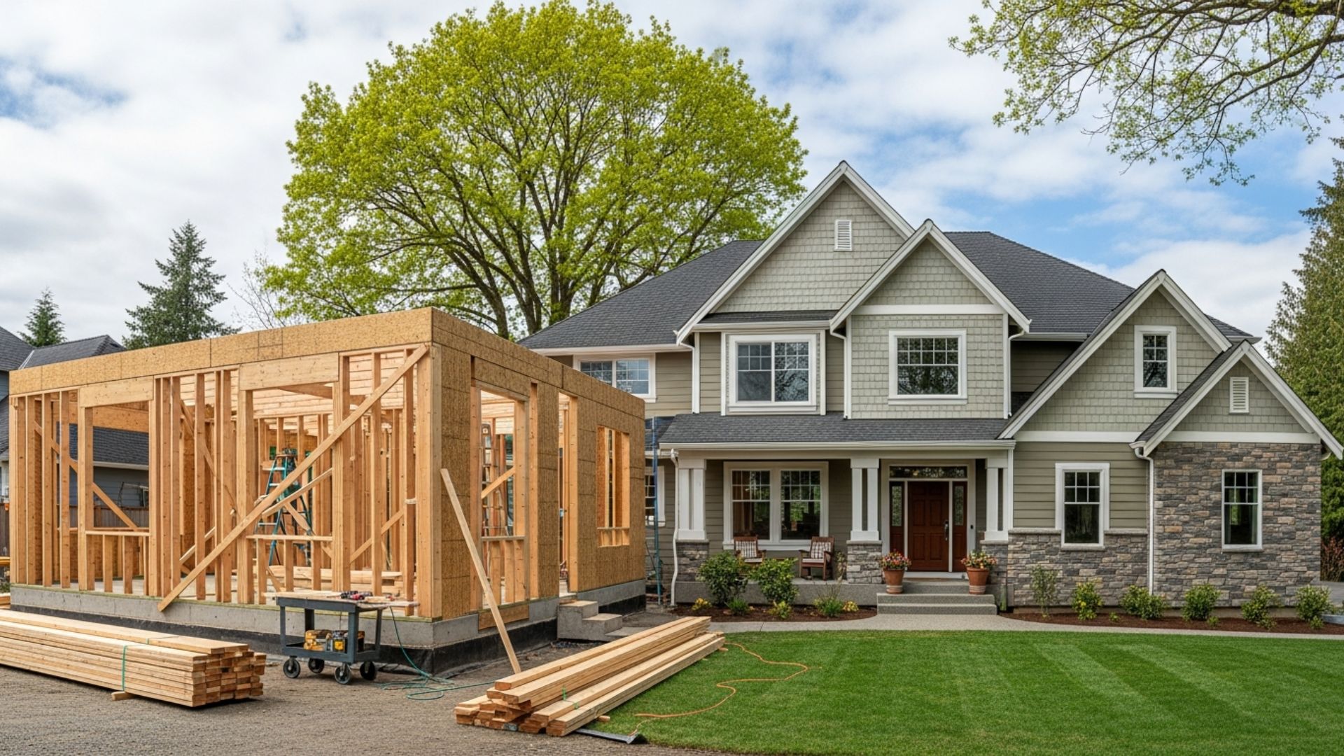 A real Kirkland home mid-addition, wide-angle exterior shot