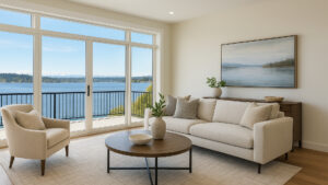 A modern, well-furnished home that shows kirkland’s lifestyle, background Washington lake.