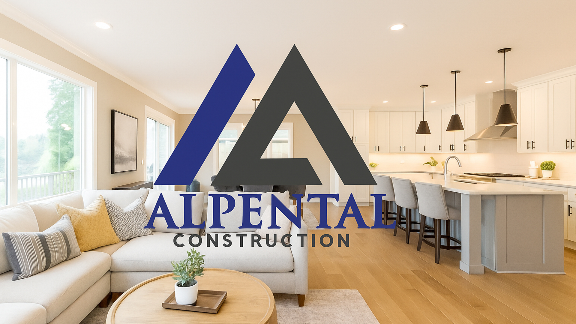 A finished luxury remodel interior — bright kitchen or cozy living room. The Alpental Homes team’s logo overlay on a remodeled space.