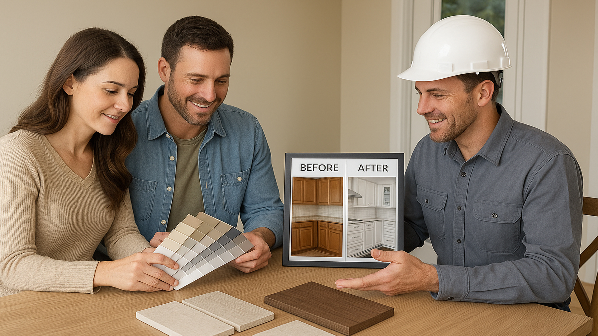 A homeowner couple reviewing paint samples, wood textures, and tile options. And a remodeler shows before and after looks.