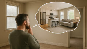 A-homeowner-looking-at-dull-interior-and-imagining-a-modern-remodel-for-his-home.