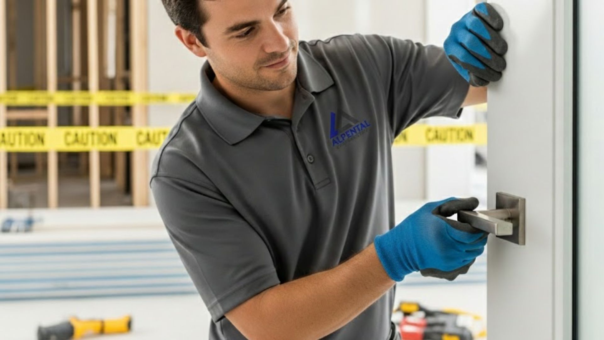 Contractor adjusting a door, Checking trim, Making a small final tweak